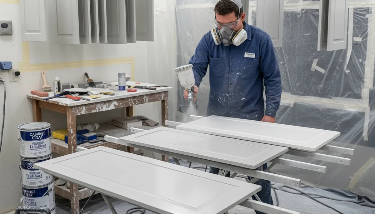 Painter applying smooth spray finish to kitchen cabinets in Wilmington NC for affordable cabinet updates