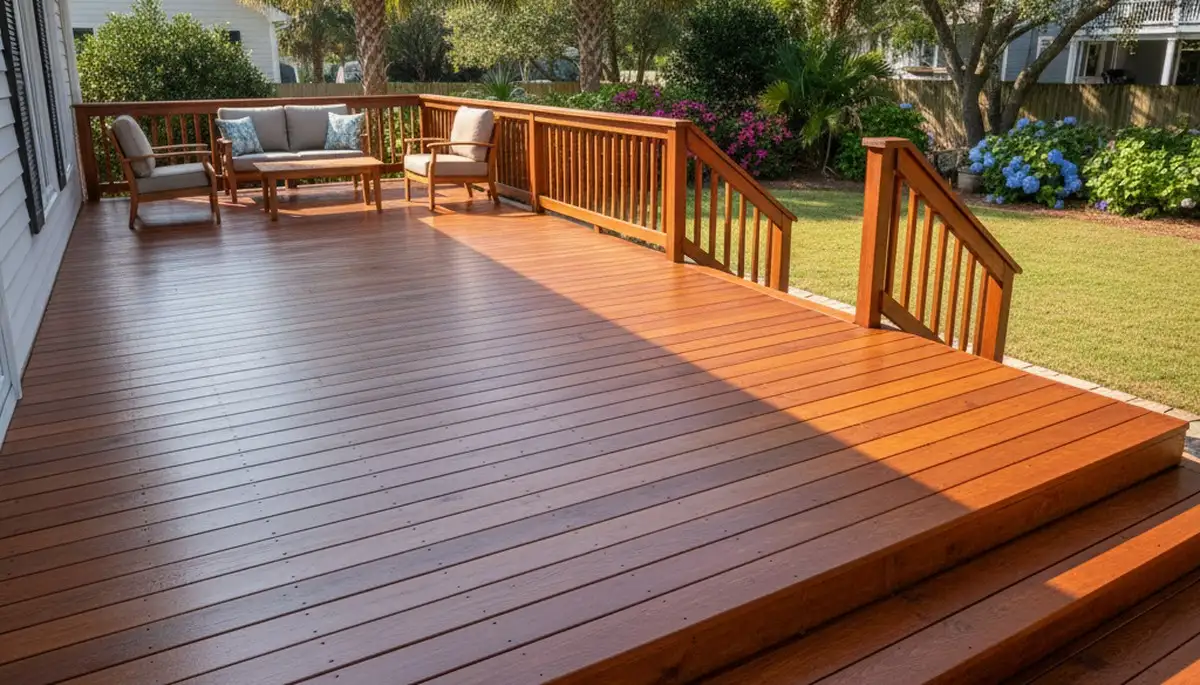 Finished deck staining in Wilmington NC showcasing rich wood color and weather-resistant professional finish
