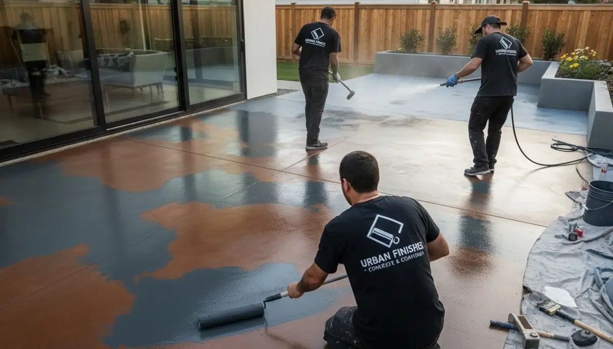 Professional concrete staining on patio surface in Wilmington, NC by expert house painters