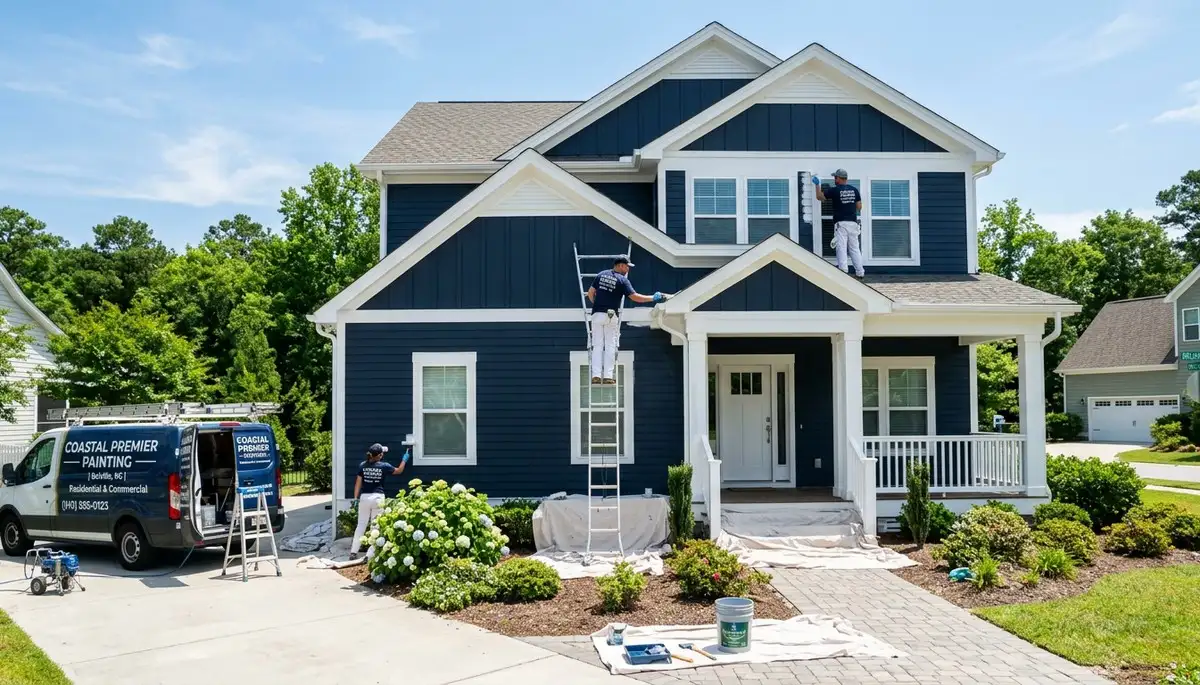 Professional house painters working on exterior home in Wilmington NC