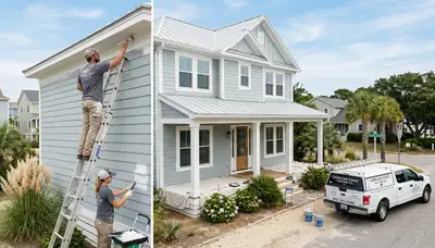 Professional house painters in Wilmington NC applying exterior paint to a coastal home façade