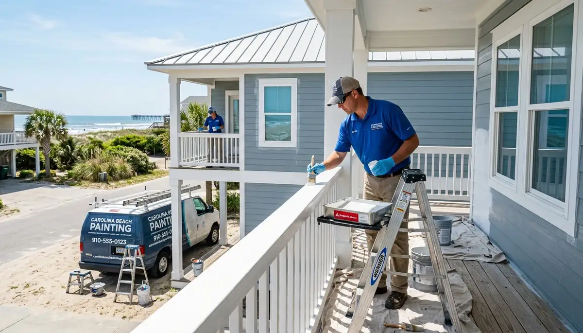 Professional house painters working on exterior home repaint in Wilmington, NC