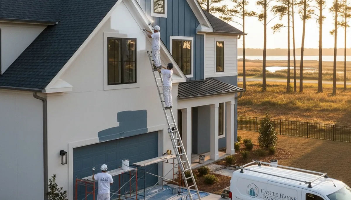 Professional house painters working on exterior home repaint in Wilmington, NC