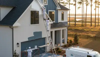 Professional house painters working on exterior home repaint in Wilmington, NC