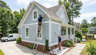 Professional house painters working on exterior home in Wilmington NC