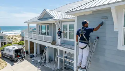 Professional house painters in Wilmington NC applying exterior paint to a coastal home façade
