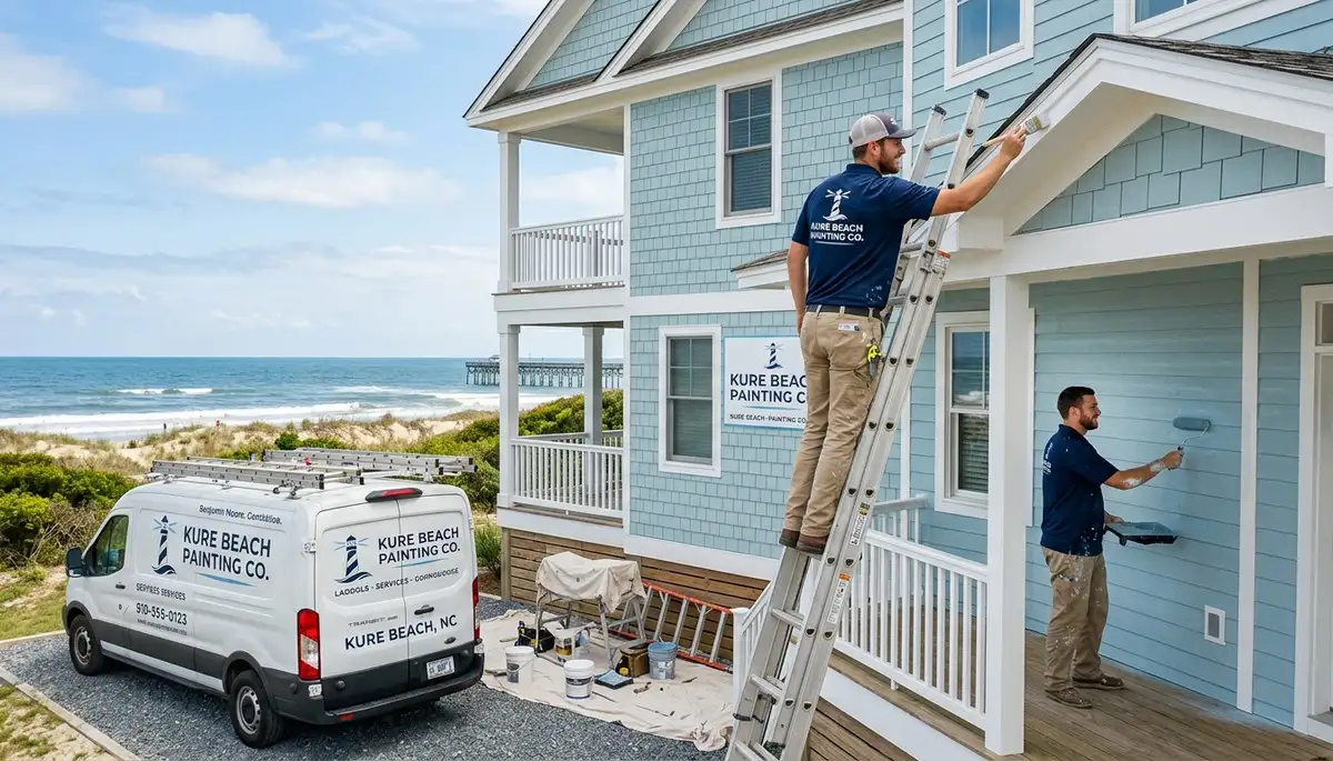 Professional house painters working on exterior home in Wilmington, NC