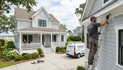 Professional house painters in Wilmington NC applying exterior paint to a coastal home façade