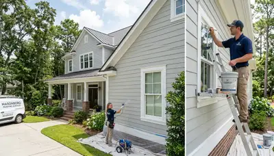 Professional house painters working on exterior home in Wilmington NC