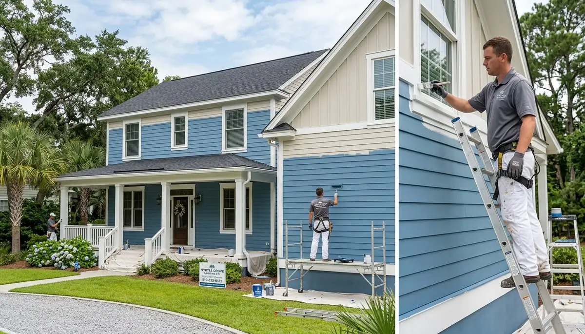Professional house painters working on a coastal home exterior in Wilmington, NC