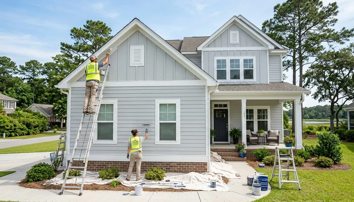 Professional house painters in Wilmington NC applying fresh exterior paint to a coastal home