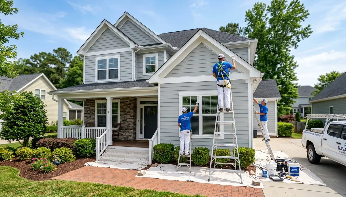 Professional house painters working on exterior home in Wilmington NC