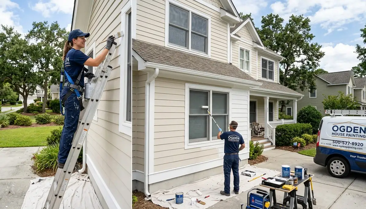 Professional house painters in Wilmington NC applying exterior paint to a coastal home