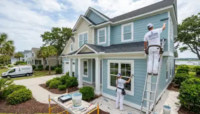 Professional house painters finishing exterior home in Wilmington NC