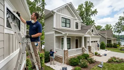 Professional house painters working on home exterior in Wilmington NC