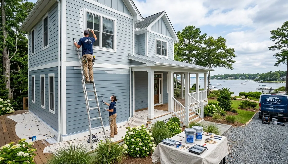 Professional house painters working on exterior home repaint in Wilmington NC