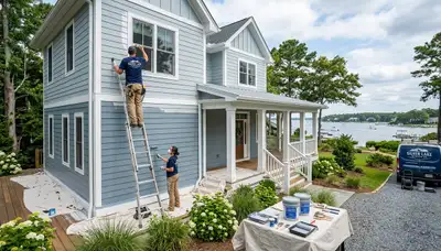 Professional house painters working on exterior home repaint in Wilmington NC