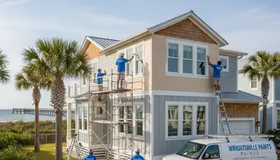 Professional house painters working on exterior home in Wilmington, NC