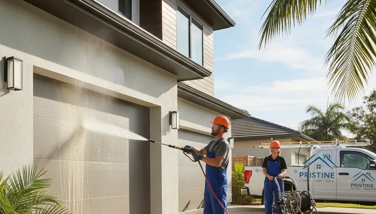 Professional pressure cleaning a coastal Wilmington NC home exterior to remove dirt, mildew, and salt stains