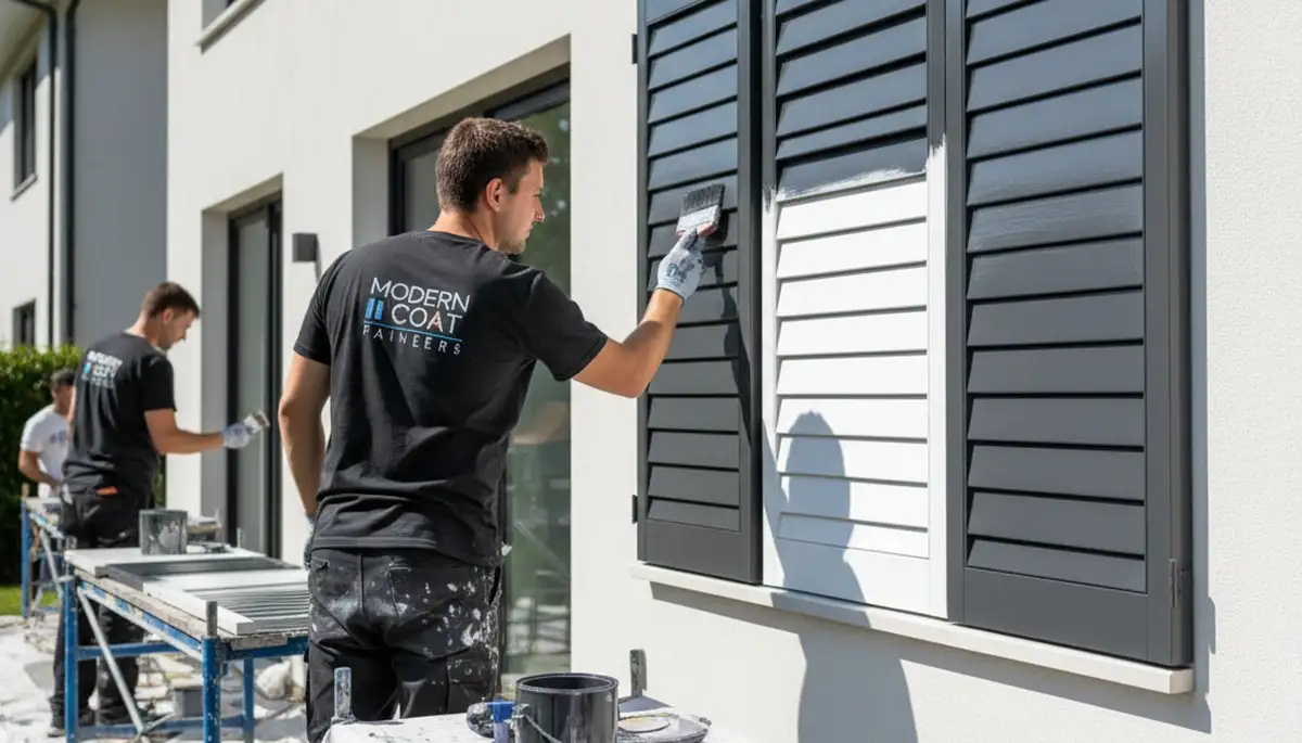 Professional painters refinishing coastal home shutters in Wilmington, NC for lasting color and protection