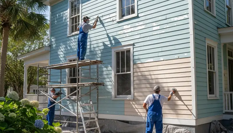 Painter sanding exterior siding for new coating preparation in Wilmington, NC coastal home exterior painting